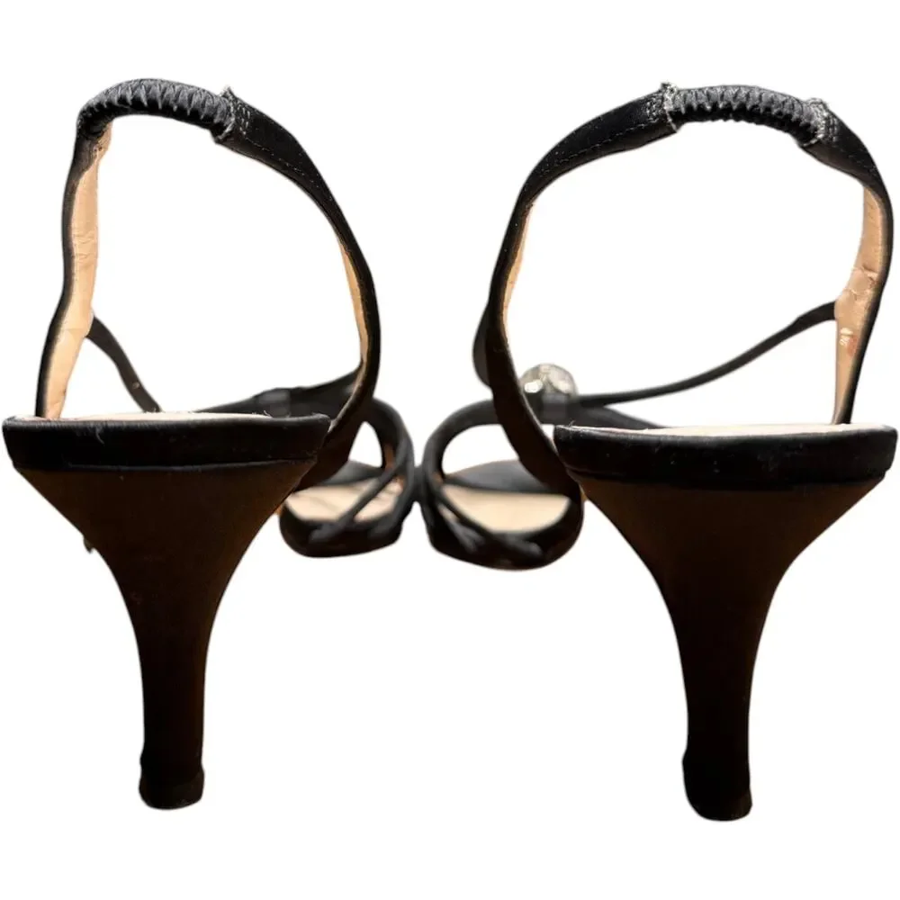 CAPARROS 9M Black Satin Formal Sandal Multu Strap Cage Central Rhinestone